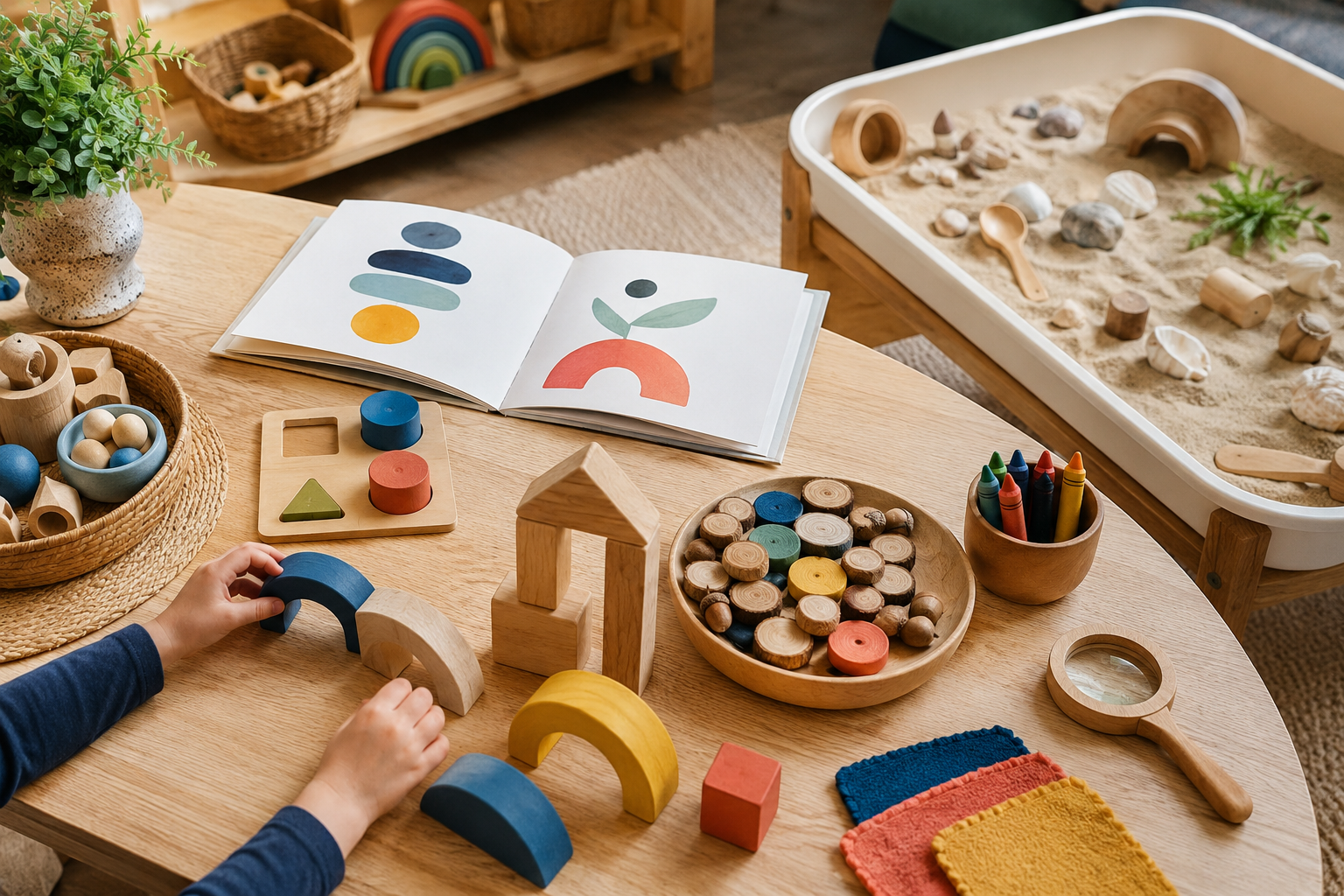 A sensory early-years learning space with sand, blocks, shapes, books and creative materials